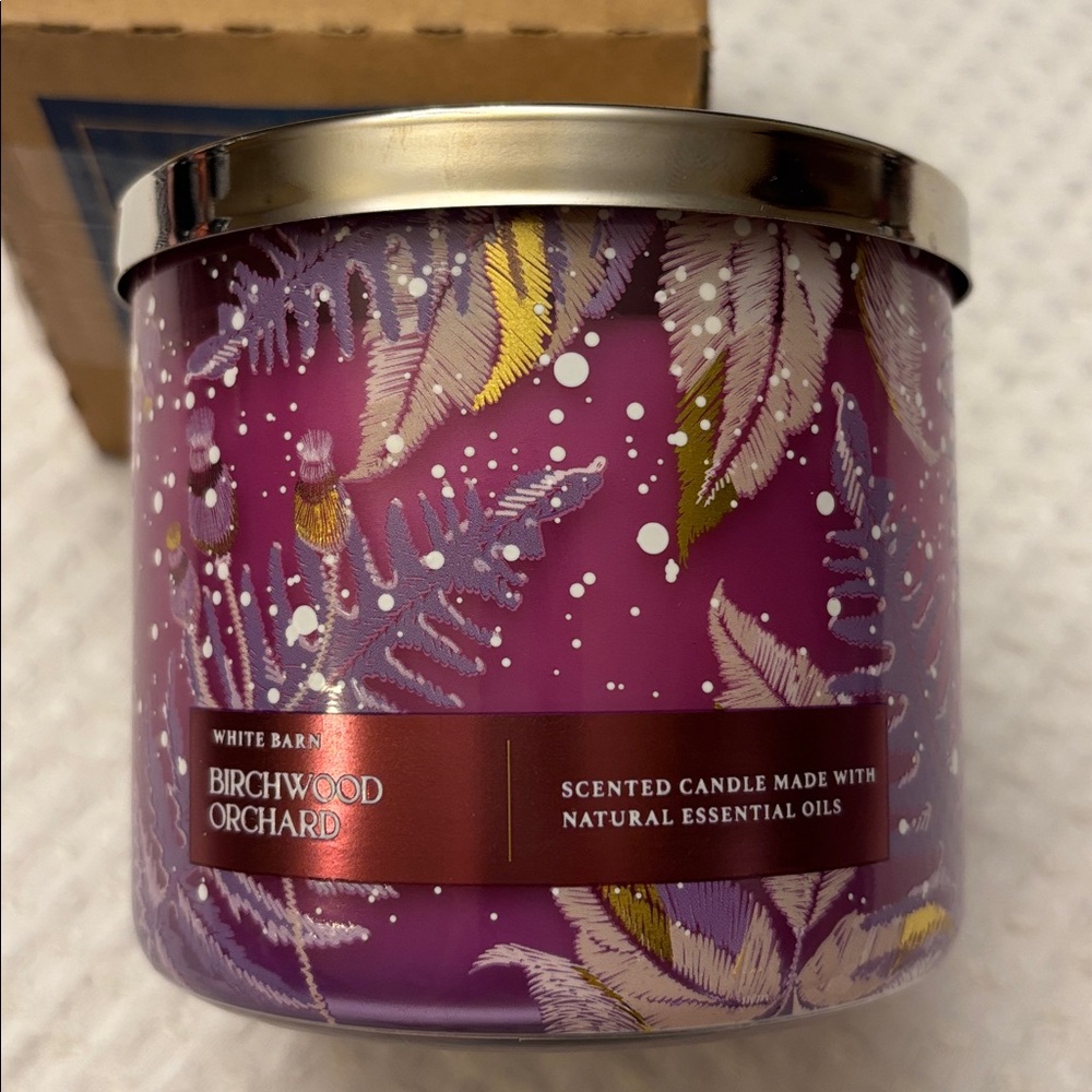 NEW! Bath & Body Works White Barn Birchwood Orchard 3-Wick Candle Purple Silver
